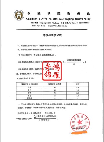 铜陵学院出国留学成绩单平均学分绩点计算方法证明GPA