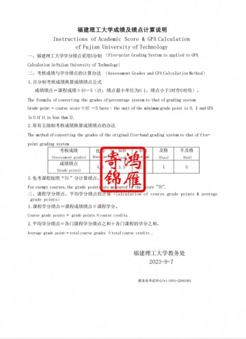 福建理工大学出国留学成绩单平均学分绩点证明GPA换算方法标准