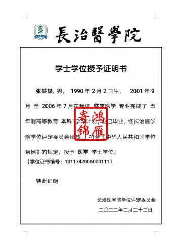 长治医学院学士学位授予证明书