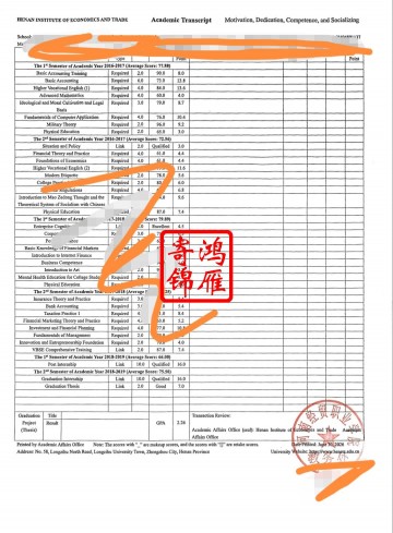 河南经贸职业学院出国留学中英文成绩单打印案例