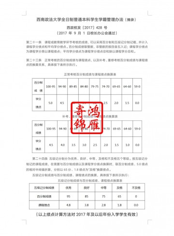 西南政法大学2017级及以后入学本科出国留学中英文成绩单平均学分绩点计算方法证明GPA
