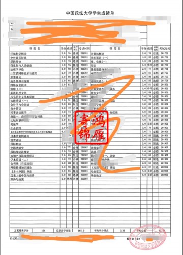 中国政法大学出国留学中英文成绩单打印案例