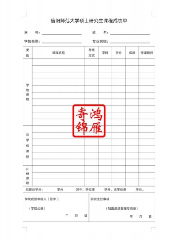 信阳师范大学硕士研究生中文成绩单打印模板