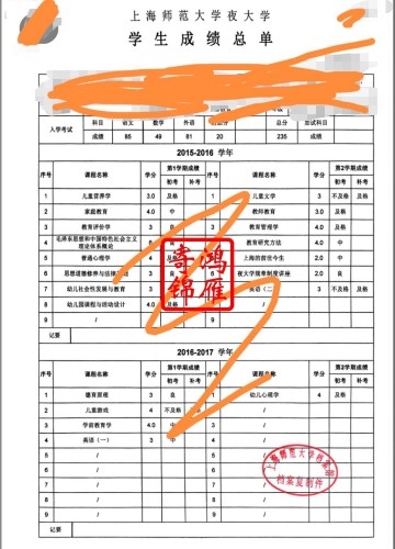 上海师范大学夜大学中文成绩单打印案例