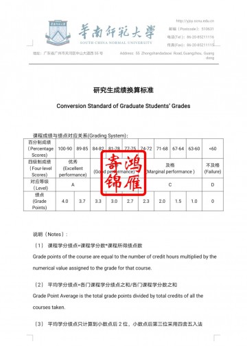 华南师范大学研究生出国留学中英文成绩换算标准