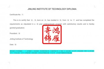 金陵科技学院出国留学英文毕业证书、学位证书翻译模板