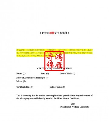 潍坊学院出国留学英文辅修毕业证明翻译模板