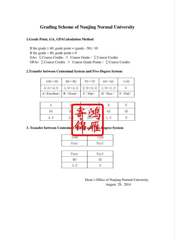 南京师范大学本科出国留学成绩中英文绩点证明GPA计算方法证明