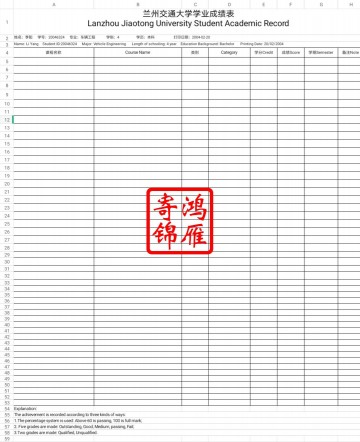 兰州交通大学出国留学英文成绩单打印翻译模板