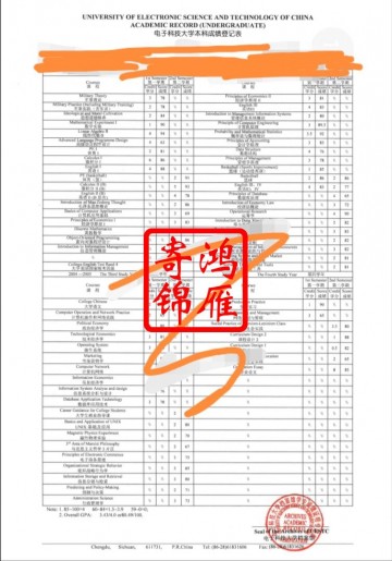 电子科技大学出国留学中英文成绩单打印案例