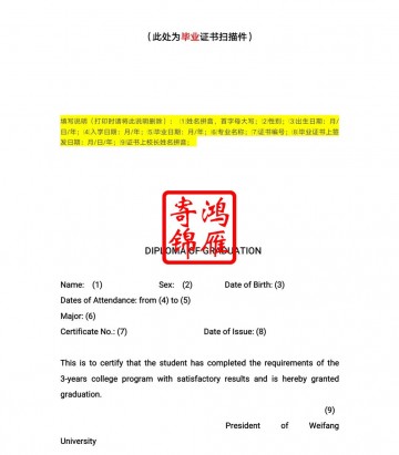 潍坊学院出国留学专科毕业证英文翻译模板