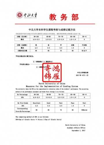 中北大学出国留学中英文成绩平均学分绩点证明