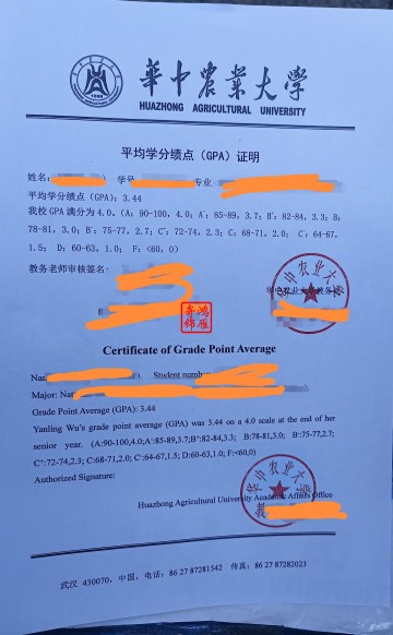 华中农业大学本科出国留学中英文平均学分绩点证明GPA打印盖章案例