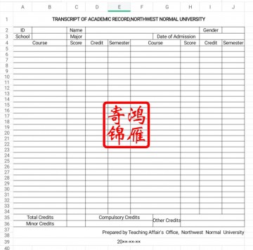 西北师范大学出国留学英文成绩单翻译模板