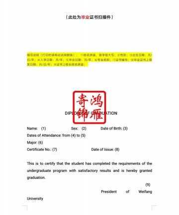 潍坊学院出国留学本科毕业证英文翻译模板