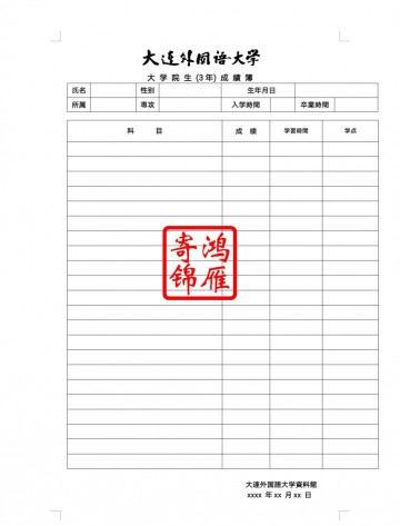 大连外国语大学硕士研究生出国留学成绩单证明中英日文版