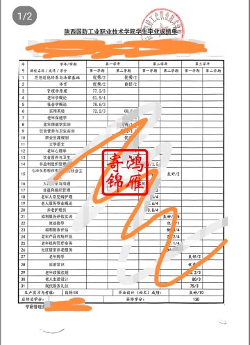陕西国防工业职业技术学院出国留学中英文成绩单打印盖章案例
