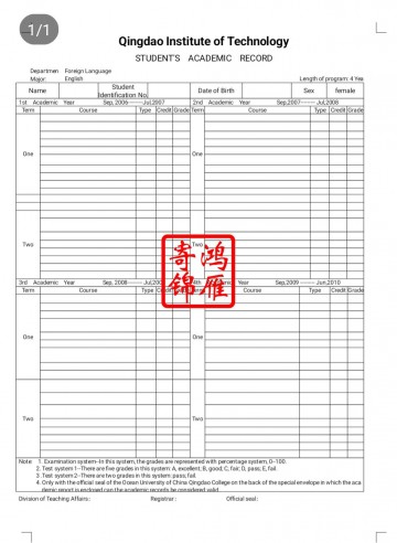 青岛工学院出国留学英文成绩单打印翻译模板