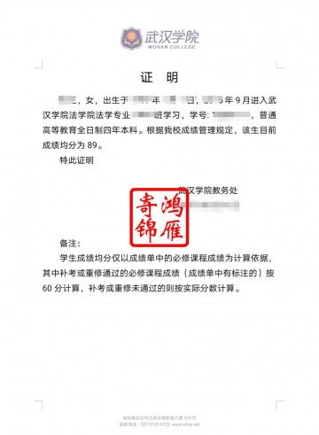 武汉学院在校生成绩均分证明模板