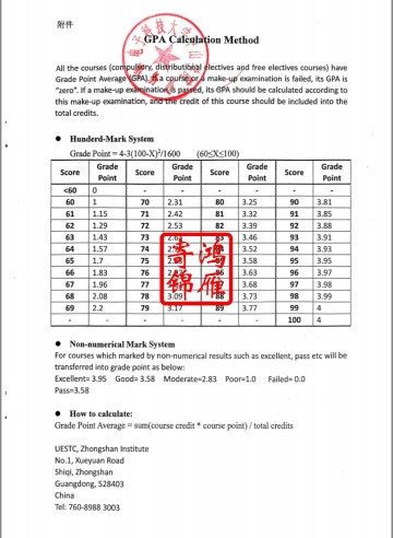 电子科技大学中山学院出国留学成绩中英文平均学分绩点计算方法证明GPA打印案例