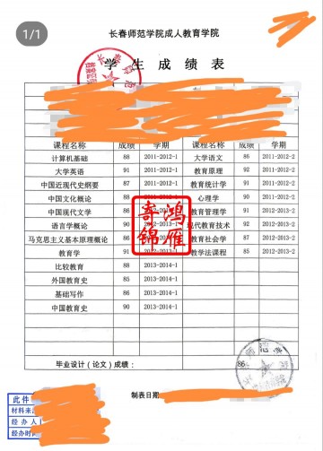 长春师范大学成人教育学院中文成绩单打印案例