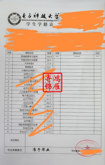 电子科技大学网络教育学院中文成绩单打印案例