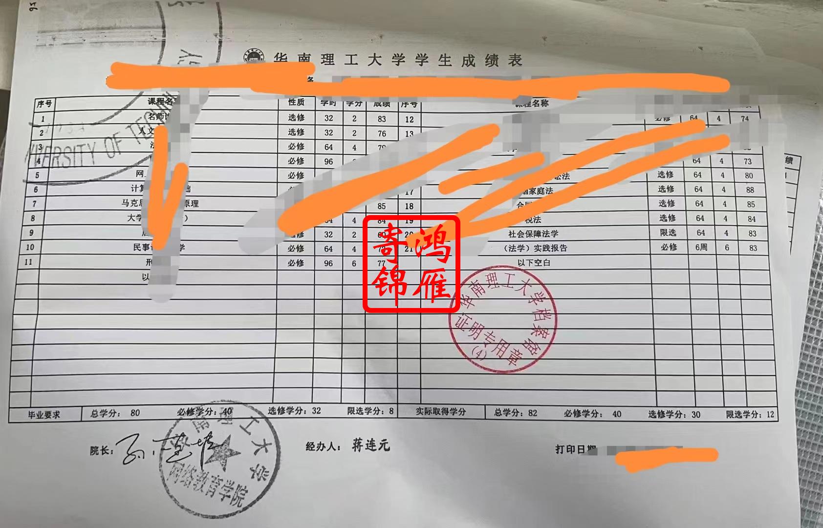 华南理工大学网络教育学院中文成绩单打印案例.jpg